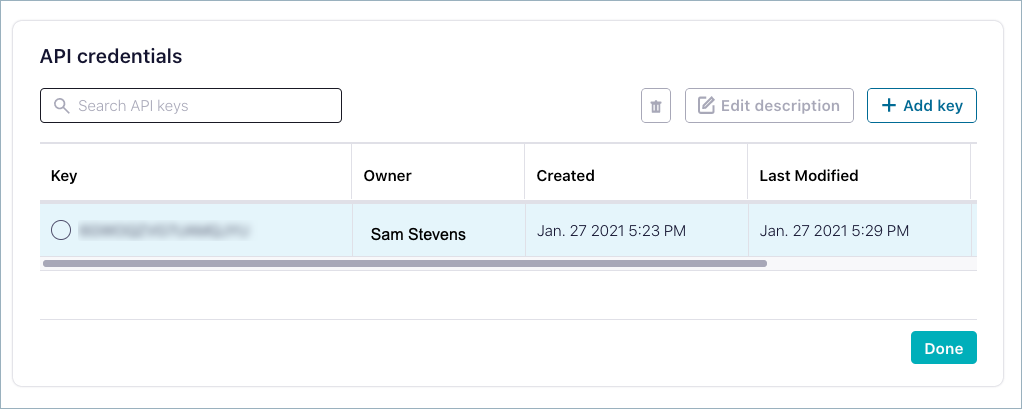 Screenshot of Schema Registry in Confluent Cloud listing newly created key