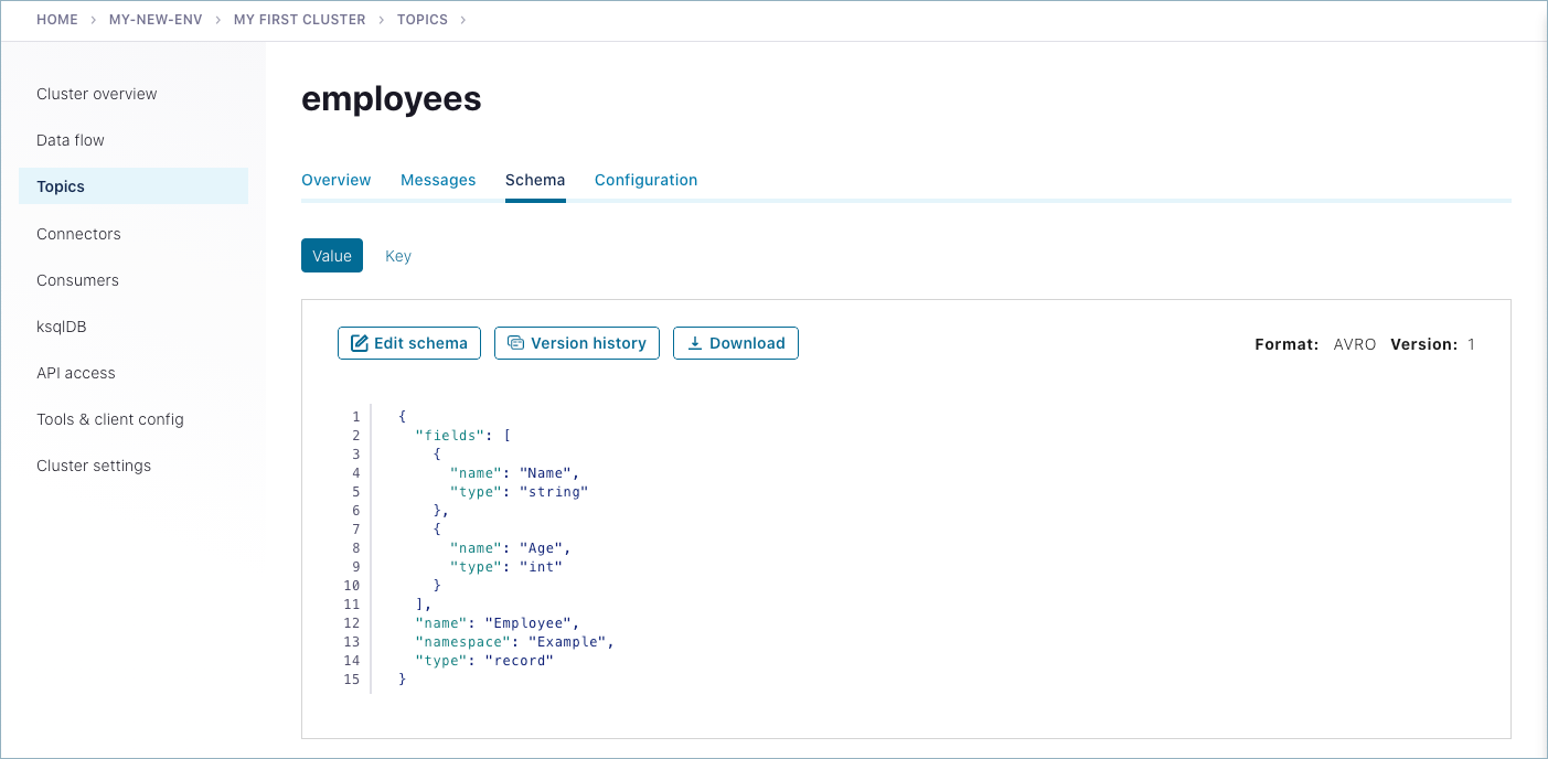 Screenshot of sample schema in Confluent Cloud