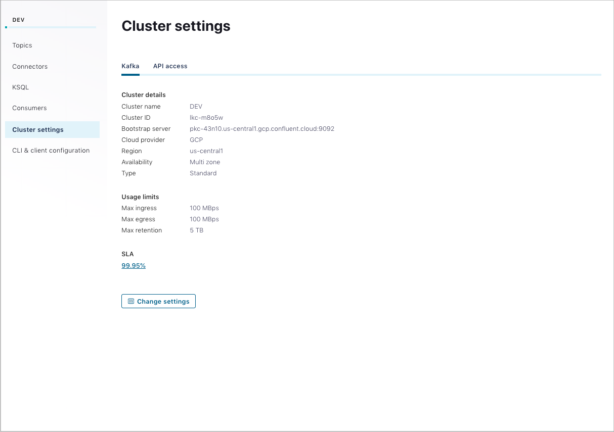 Confluent Cloud Change Settings