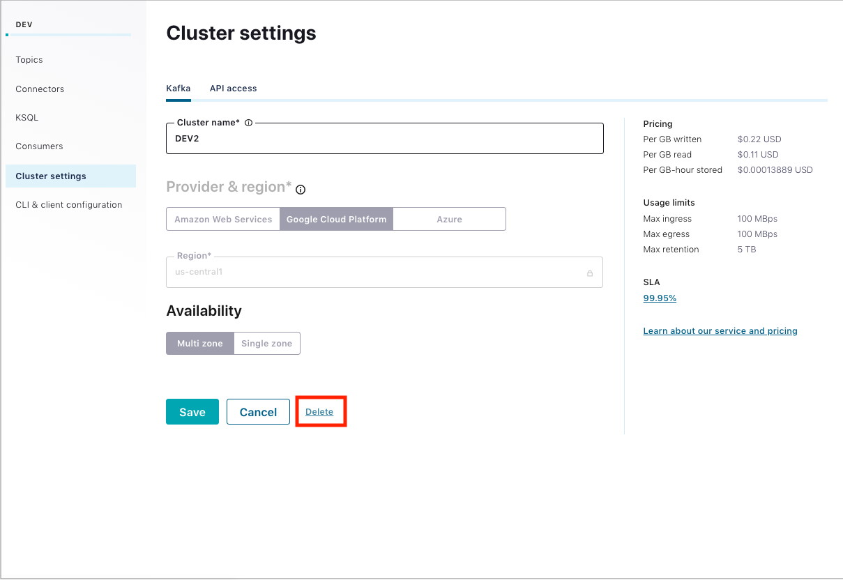 Confluent Cloud Change Settings Delete Cluster